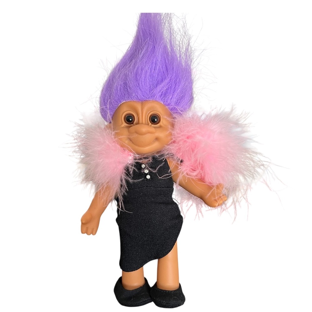 Opera Tracey Russ VTG Troll Doll purple hair  Pink Feather Boa black shoes